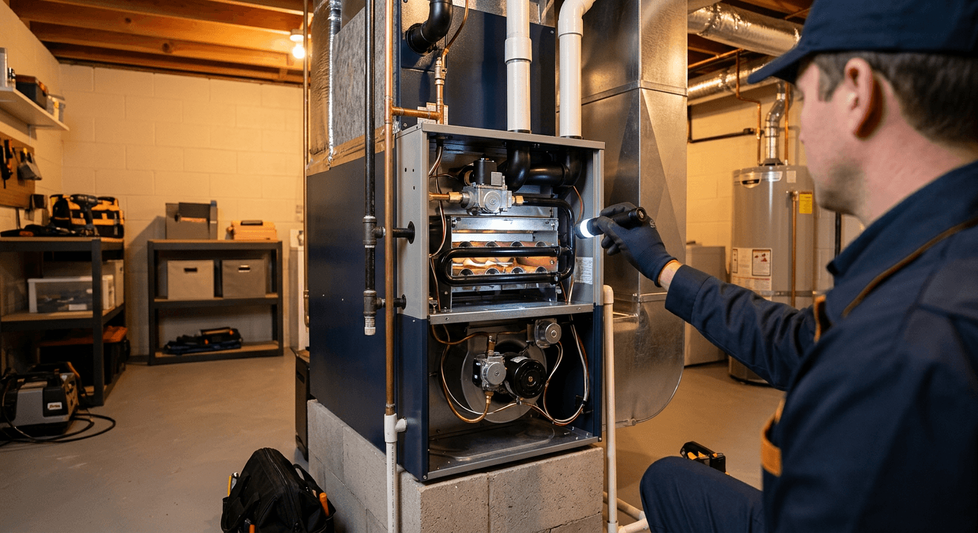 A technician inspecting the open panel of a residential furnace with a flashlight