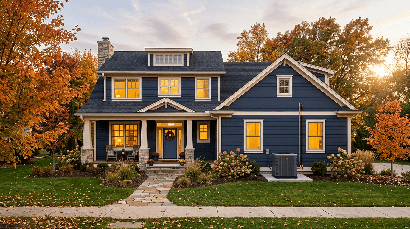 A navy craftsman-style home with warm lit windows at dusk, surrounded by autumn trees, with an air conditioning unit beside the house