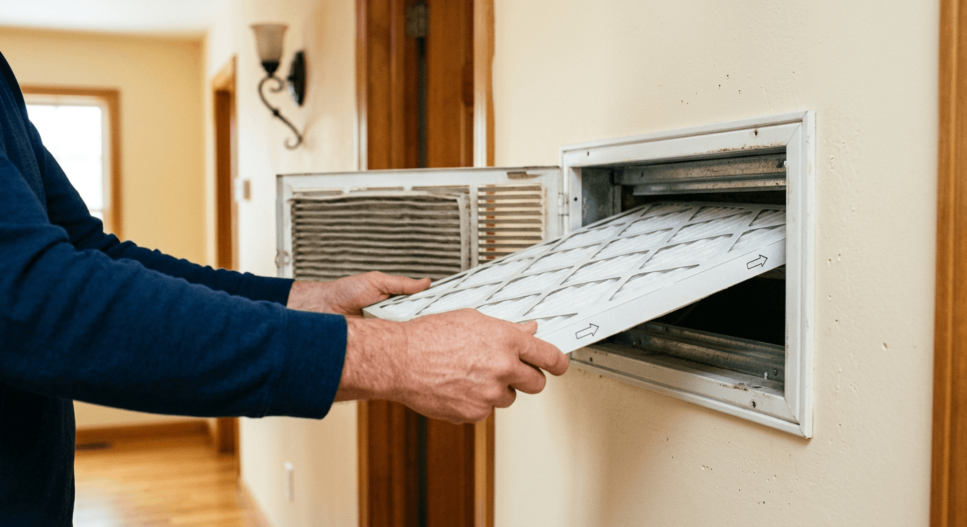 Hands sliding a new pleated air filter into a return vent