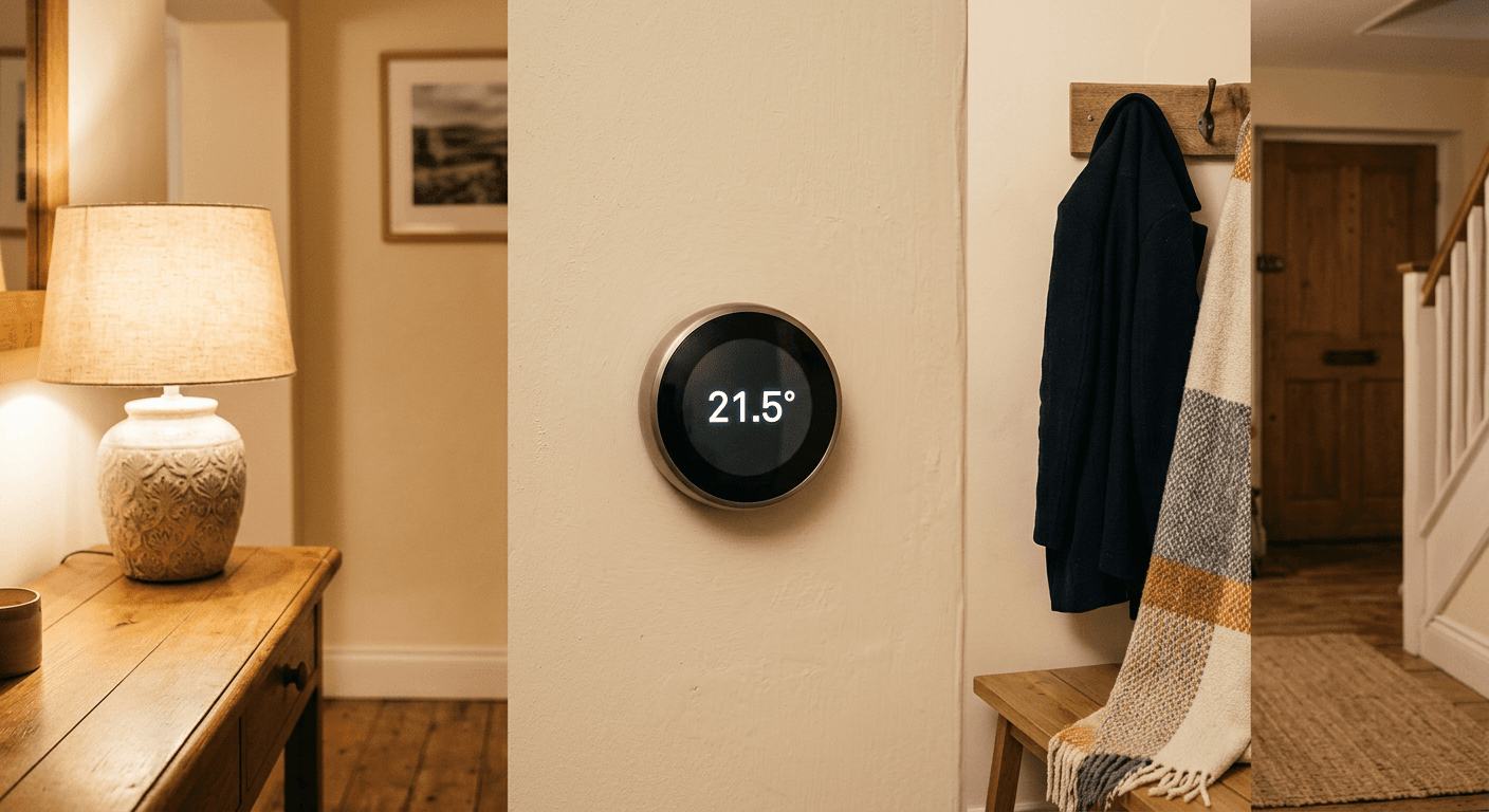 A hand adjusting a round smart thermostat on a warm-toned wall